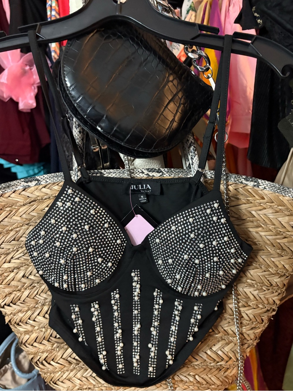 Bundle 2 for $30. Julia Black Embellished Rhinestone & Pearl Bustier Bodysuit.